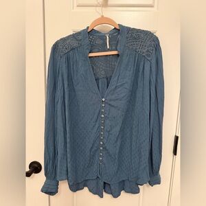 Free People Dusty Blue Lace-Trim Button-Front Blouse
